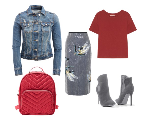 красный рюкзак, серая юбка и джинсовая куртка - модный сет