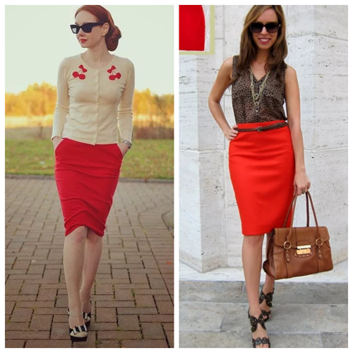 красная трикотажная юбка - с чем носить, модные сеты 