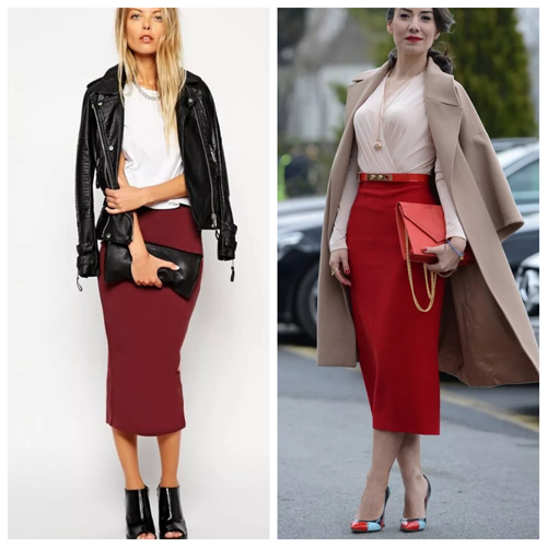 красная трикотажная юбка - с чем носить, модные сеты 
