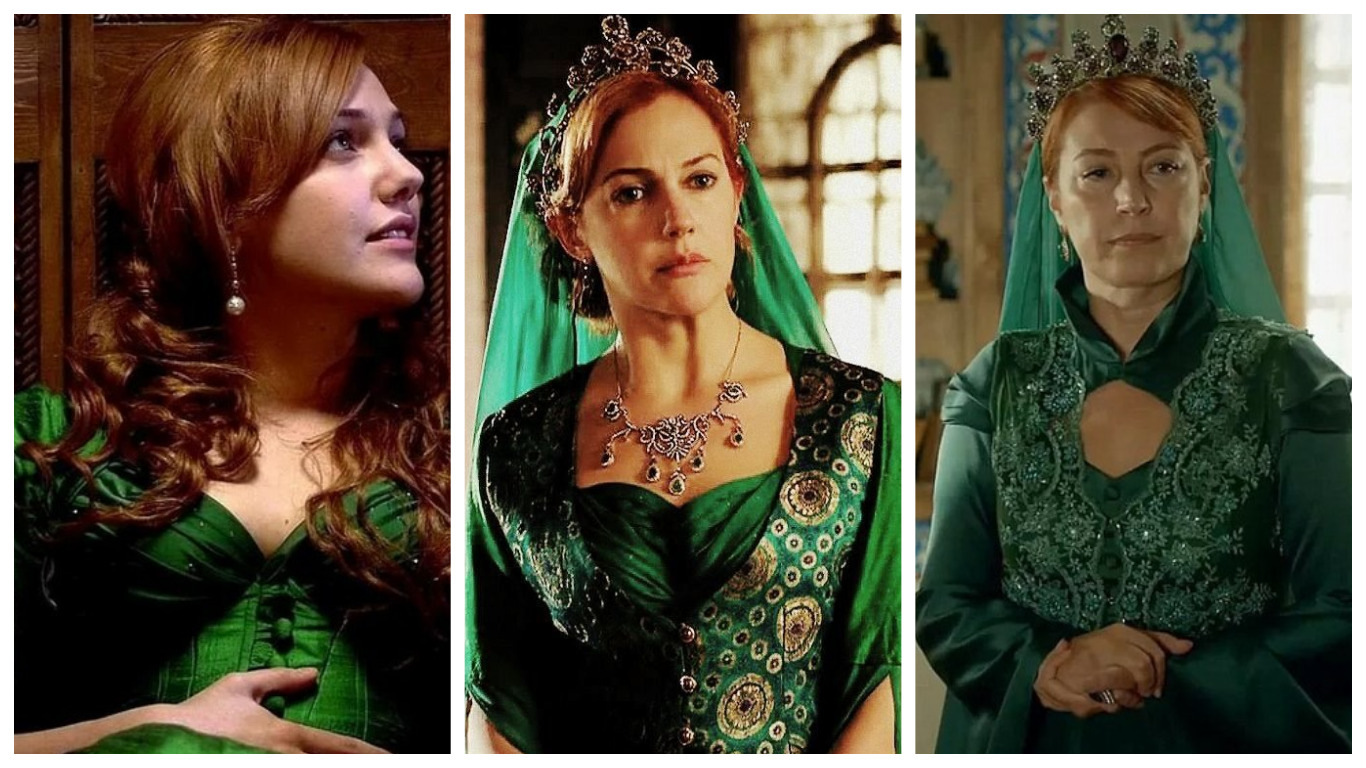 хюррем султан в зеленом платье в юности и в зрелые годы
