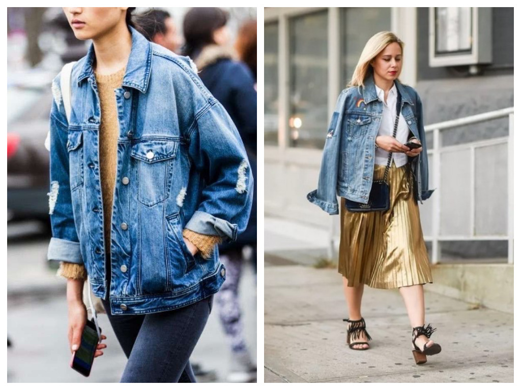 удлиненная джинсовая куртка, модные образы - сочетание с юбкой и джинсами