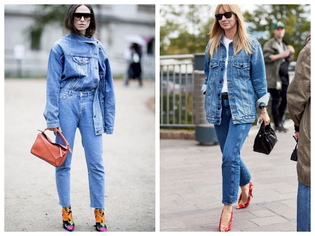 удлиненная джинсовая куртка, модные образы - сочетание тотал деним