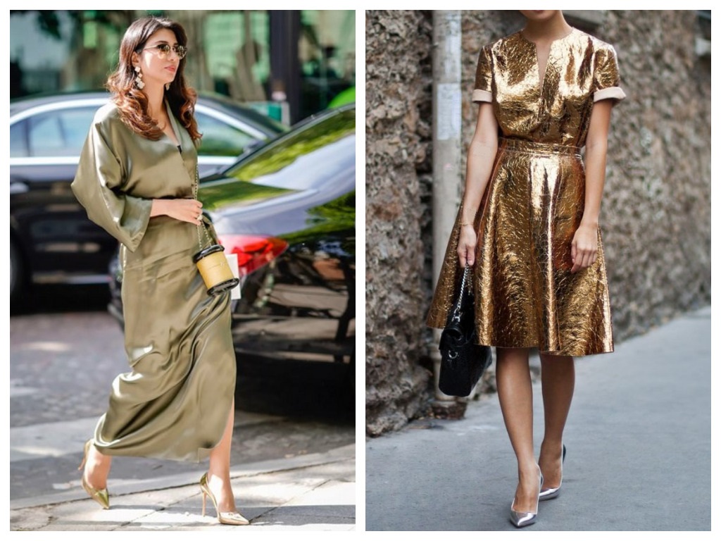 Платье на Новый год 2021 - платье оливкового цвета и платье из золотистой ткани